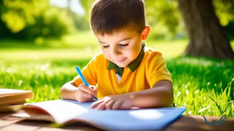 A child sitting outside on a sunny day, surrounded by green grass and trees, taking an ESA certification test with a bright blue sky in the background