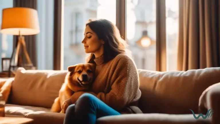 Alt text: Person sitting on a cozy couch in a sunlit living room with their emotional support animal by their side