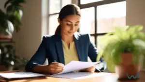 Person holding ESA certification documents at a desk in a sunlit room with plants in the background
