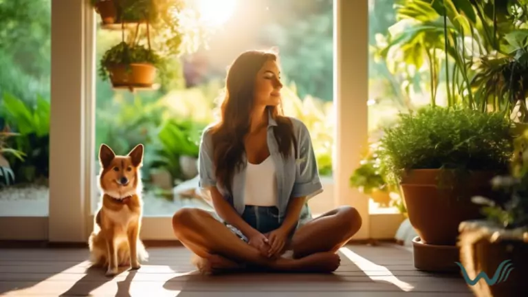 A person sitting peacefully on a sunlit porch with their emotional support animal, surrounded by plants and a calming view of nature. Bright, soft natural light illuminates their faces.