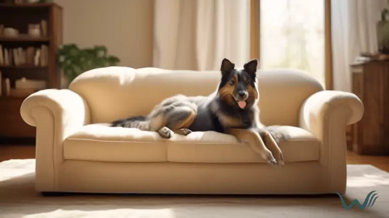 Cozy living room with warm natural light, featuring an adorable emotional support animal relaxing on a plush sofa, highlighting the tranquility and companionship ESA documentation brings to housing.