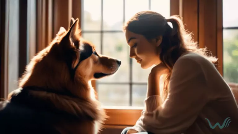 A person with ADHD sitting peacefully with their emotional support animal, enjoying the calming natural light streaming through a window.