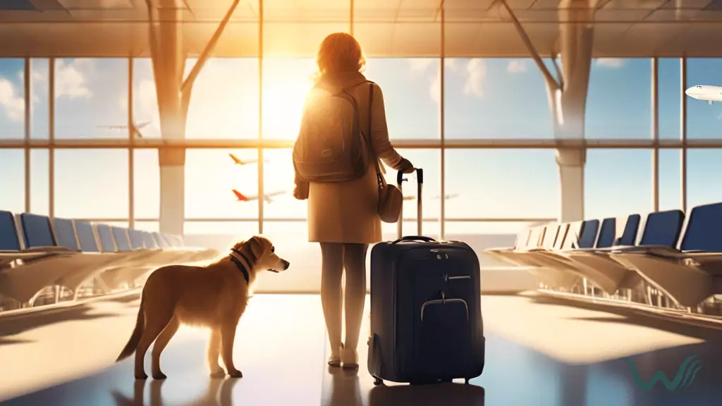 Passenger with emotional support animal enjoying the freedom and comfort of airline travel with an ESA letter at an airport gate bathed in radiant sunlight.