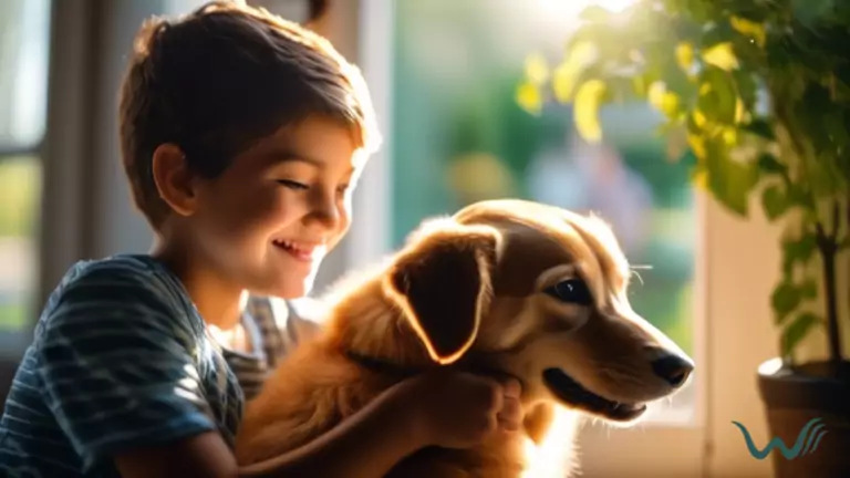 A person with autism smiling while holding their emotional support animal, bathed in bright sunlight streaming through a window.