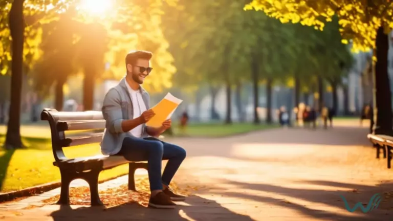 A person sitting on a park bench, holding an ESA letter with a smile on their face, enjoying the sunshine.