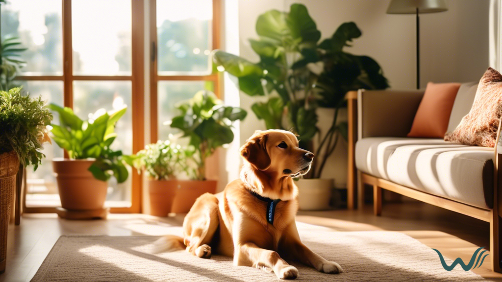 A person with a service dog sitting comfortably in a sunlit living room, surrounded by plants and cozy furniture, showcasing a peaceful and welcoming environment for ESA owners.