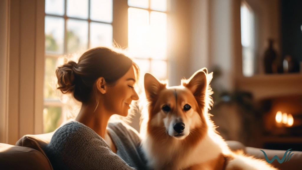 Person cuddling their emotional support animal in a cozy living room filled with warm sunlight streaming through large windows, showcasing the important bond for mental health