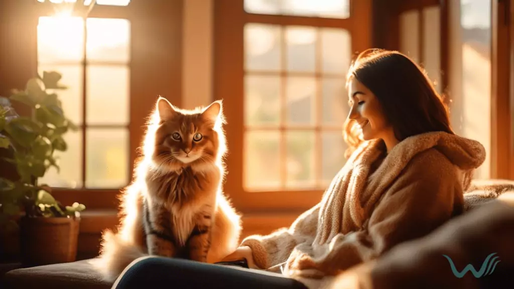 A person sitting in a sunlit room with a fluffy support animal by their side, showcasing the comfort and support of an ESA letter for PTSD.