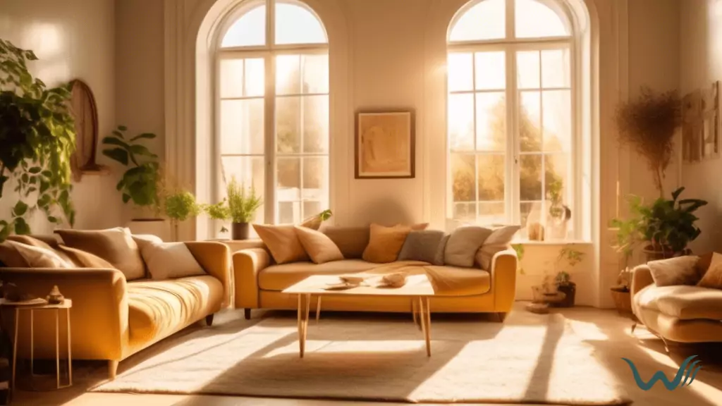 Serene living room flooded with golden sunlight streaming through large windows, highlighting the need for an ESA letter for renting.