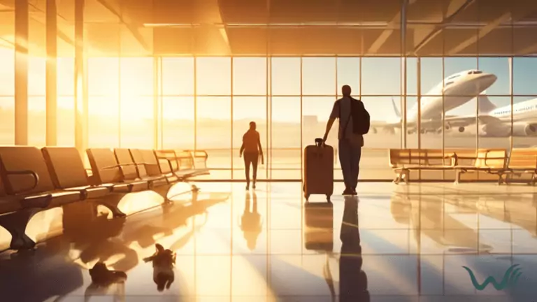 Alt Text: A traveler and their emotional support animal peacefully waiting together in a sunlit airport terminal with large windows pouring in golden rays.