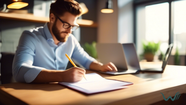 Person sitting at a desk in a sunlit room, filling out paperwork for an ESA letter for work. Laptop open with a website on ESA letter requirements visible.