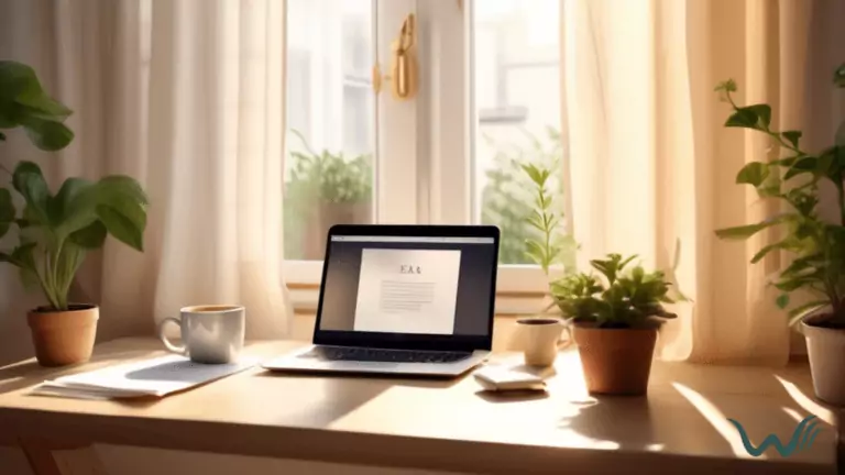 An inviting scene of a cozy home office bathed in gentle morning sunlight. A laptop displaying an online ESA letter application is placed on a desk, surrounded by potted plants and a cup of coffee, creating a serene atmosphere.