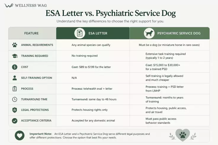 esa letter vs. psychiatric service dog cost