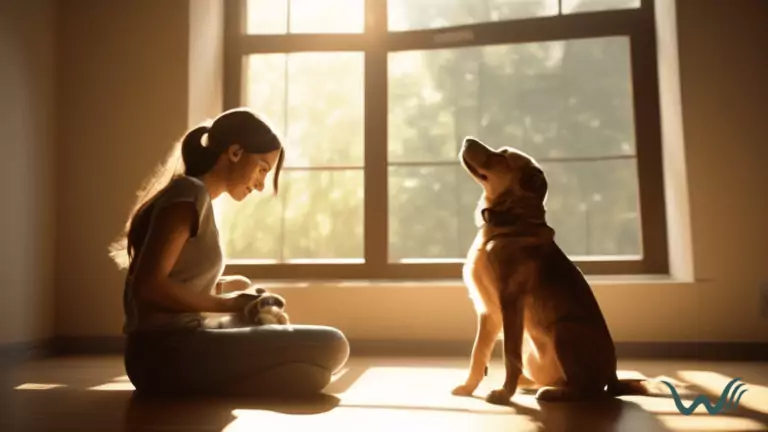 Emotional support animal training session: A person and their pet bond in warm sunlight as the pet responds to commands, showcasing the positive atmosphere of the ESA training process.