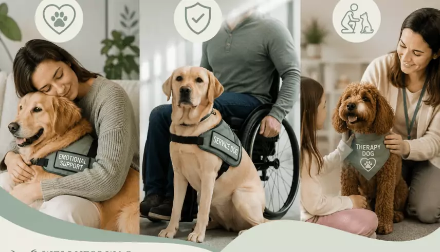 esa vs service dog vs. therapy dog what's the difference.