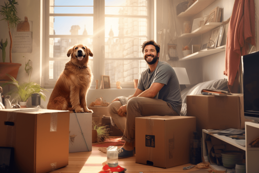 fair housing act emotional support animal happy man inside his new apartment who has just moved into a bright and sunny apartment surrounded by moving boxes and his dog