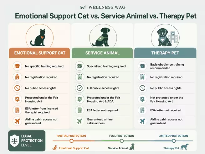 features of emotional support cat vs. service animal vs. therapy pet