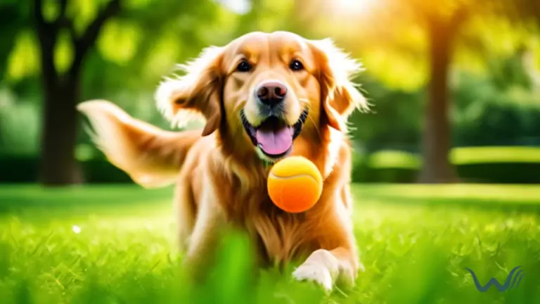 A golden retriever playing fetch in a sunny park, chasing after a bright orange tennis ball with excitement and focus.