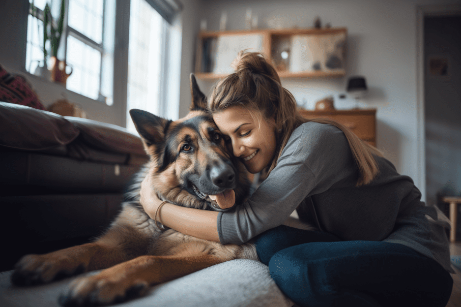 german shepard and women hugging inside home service dog wellness wag