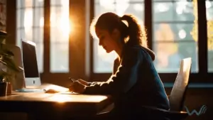 A person sitting at a computer filling out an online form for an ESA letter, with bright natural light streaming in through a nearby window, casting a warm glow on their face and desk.