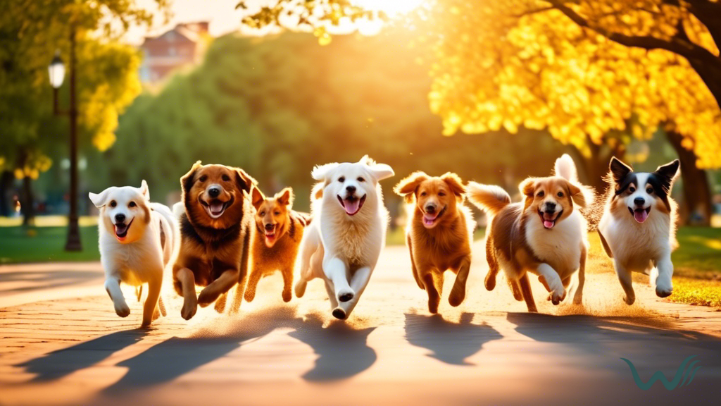 A group of healthy and happy dogs playing in a sunlit park, showcasing their shiny coats and vibrant energy.
