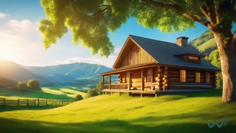 Alt text: A cozy cabin surrounded by lush green meadows, a rustic wooden fence, and rolling hills under a clear blue sky, perfect for horse-friendly lodging for equestrian adventures.