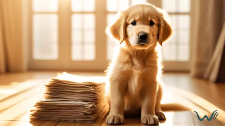 Adorable golden retriever puppy on sunlit hardwood floor beside fresh newspapers in a bright, inviting room - the perfect setting for successful house training.