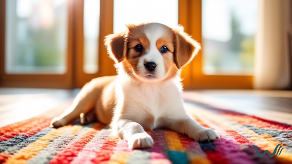 Adorable puppy sitting on a colorful rug near an open window in a bright, sunlit room, perfect for successful house training