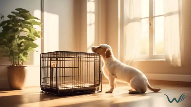 An inviting sunlit living room with a strategically placed puppy crate near a large window. A clock on the wall indicates mid-morning as bright natural light fills the room, highlighting the significance of a well-timed housebreaking schedule.
