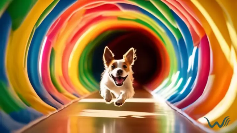 An energetic and joyful dog leaps through a vibrant, sunlit room, maneuvering an indoor agility course with a colorful tunnel, showcasing the brightness of natural light.