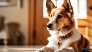 Happy dog sitting calmly with ears perked up, tail wagging, being introduced to a new person in bright natural light