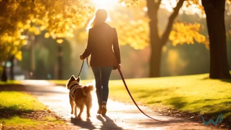 Confident dog owner successfully leash training their calm and attentive dog under bright natural sunlight