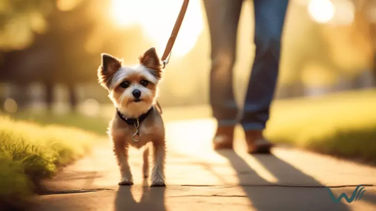 Alt text: Leash trained small dog enjoying a serene walk in a park with its owner, basking in the warm morning sunlight