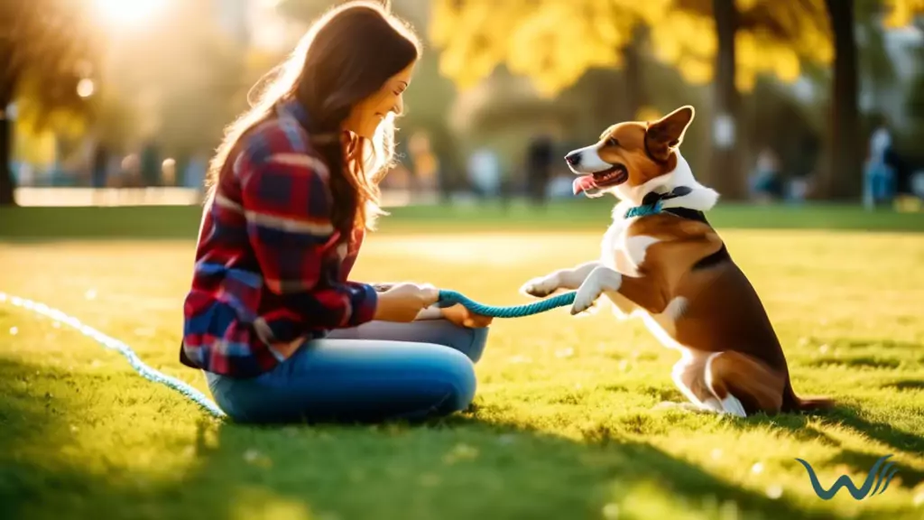 A person playing tug-of-war with their dog using a leash in a sunny park, showcasing the joy of leash training together in natural light.