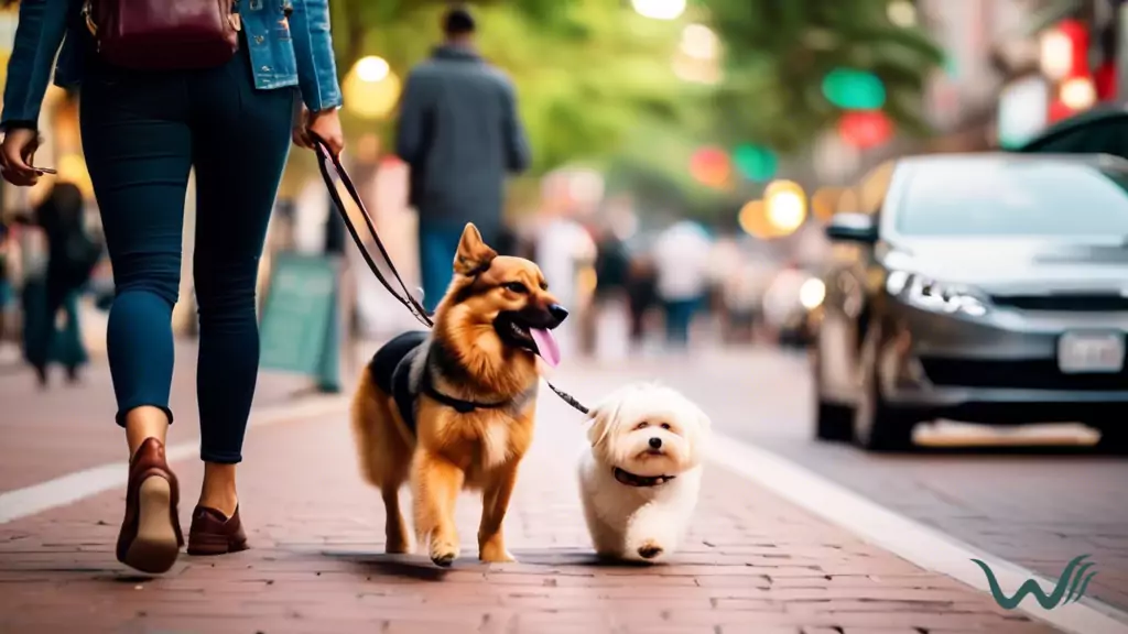 A dog owner gently leash training their pup on a busy city street with bright natural light illuminating the scene.