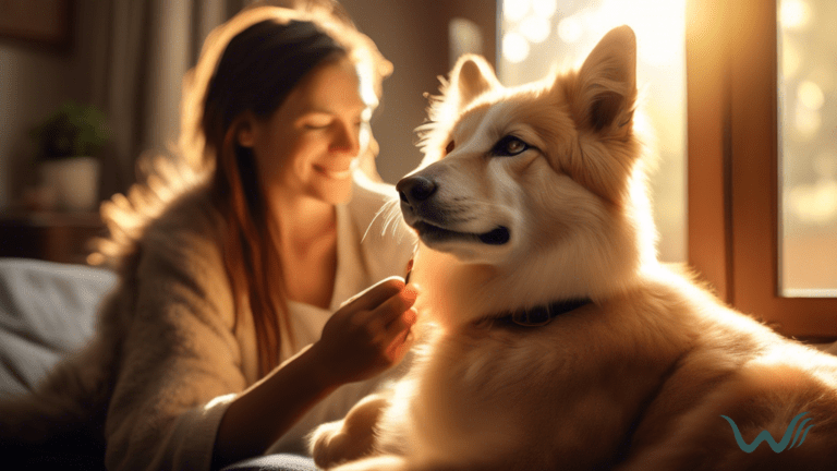 Alt Text: A happy emotional support animal enjoying the warmth of sunlight, while its owner lovingly brushes its fur to maintain its health and wellbeing.