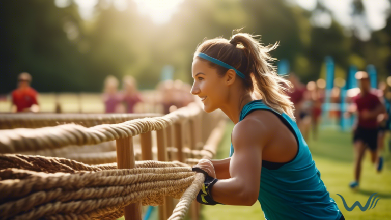 Obstacle course training with hurdles, tunnels, and weaving poles in bright natural light, featuring a dynamic mix of textures like grass, wood, and rope for agility training