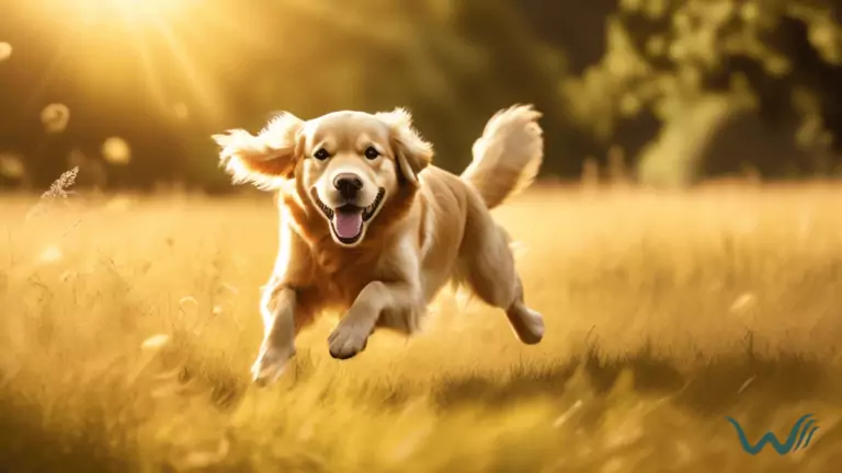 Golden retriever joyfully leaping through a sunlit meadow, showcasing effective off-leash training for dogs.
