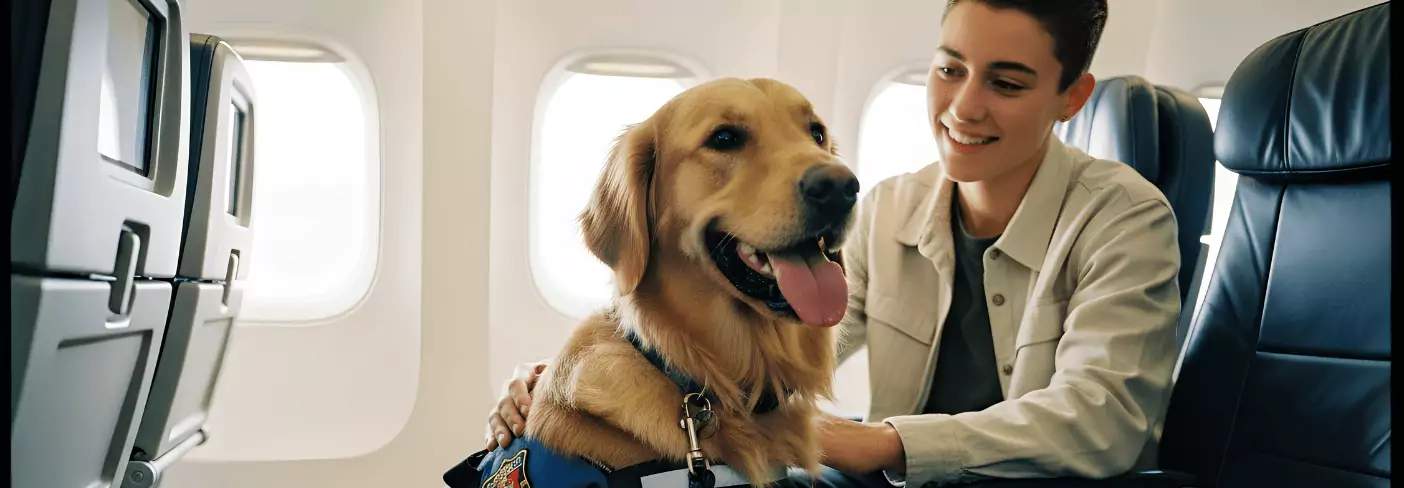 person flying with their service dog