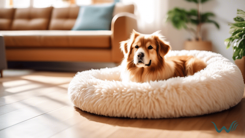 Cozy living room with bright natural light, featuring a fluffy pet bed and playful dog toy, ideal for pet-friendly apartments