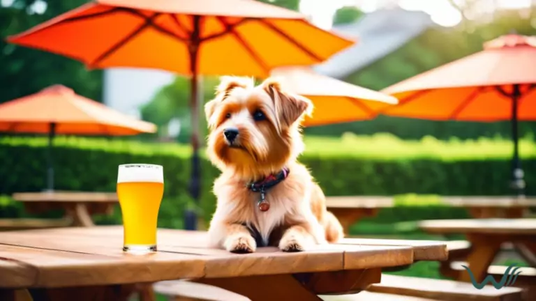 Dog lounging next to a pint glass at a pet-friendly brewery on a sunny afternoon, surrounded by greenery and colorful umbrellas