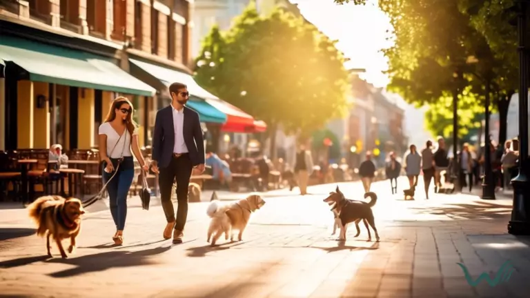 Vibrant city scene with people walking their dogs, outdoor cafes with water bowls for pets, and playful pups in the park, showcasing a pet-friendly atmosphere
