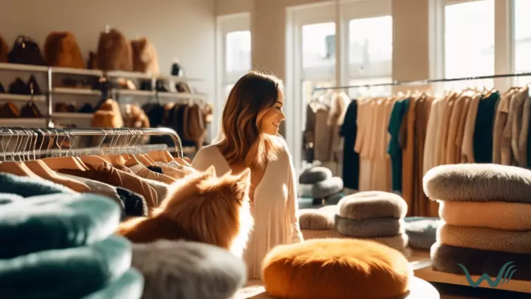 A stylish pet owner browsing through racks of trendy clothing in a pet-friendly boutique filled with furry companions lounging on cozy pet beds in bright natural light.