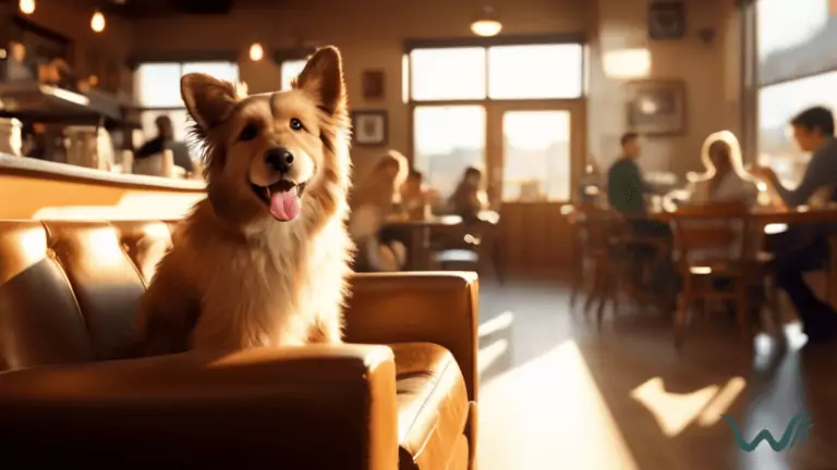 Alt text: A cozy pet-friendly coffee shop filled with warm sunlight, featuring a furry friend lounging on a cushioned chair while patrons enjoy their coffee and engage in friendly conversations.