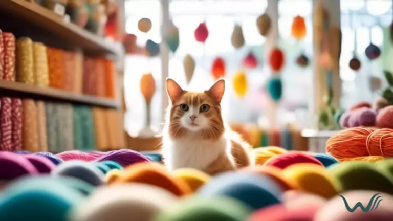 A dog sitting next to a colorful display of craft supplies in a pet-friendly store with bright natural light streaming in through the windows.