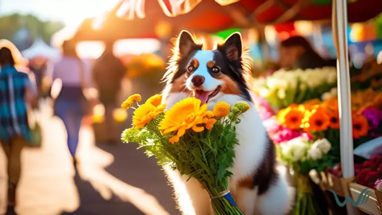 Adorable furry friend sniffing fresh flowers at a pet-friendly farmers market on a sunny day