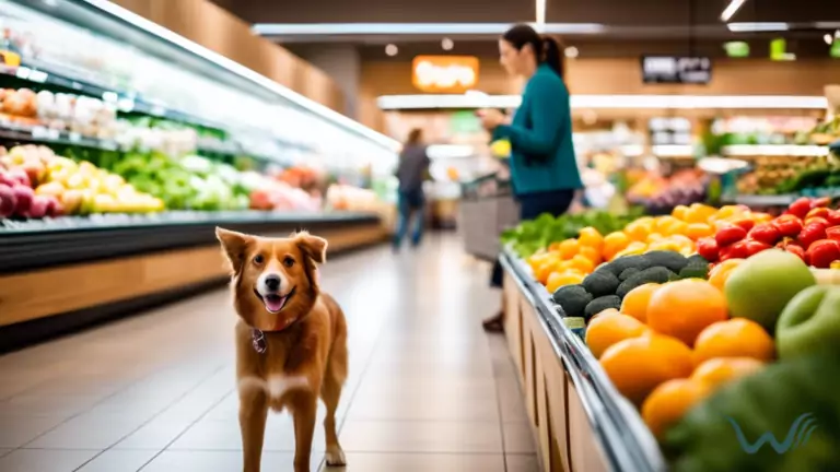 Person shopping with their dog in a pet-friendly grocery store, showcasing fresh produce and pet-friendly products in bright natural light