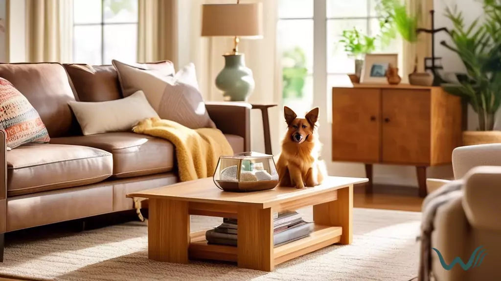 Cozy living room featuring pet-friendly home decor items from a pet store, bathed in natural light