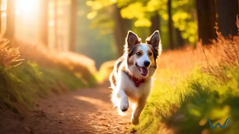 Happy dog and owner exploring a sunlit trail in a pet-friendly national park, showcasing the furry friend's excitement and the beautiful natural surroundings