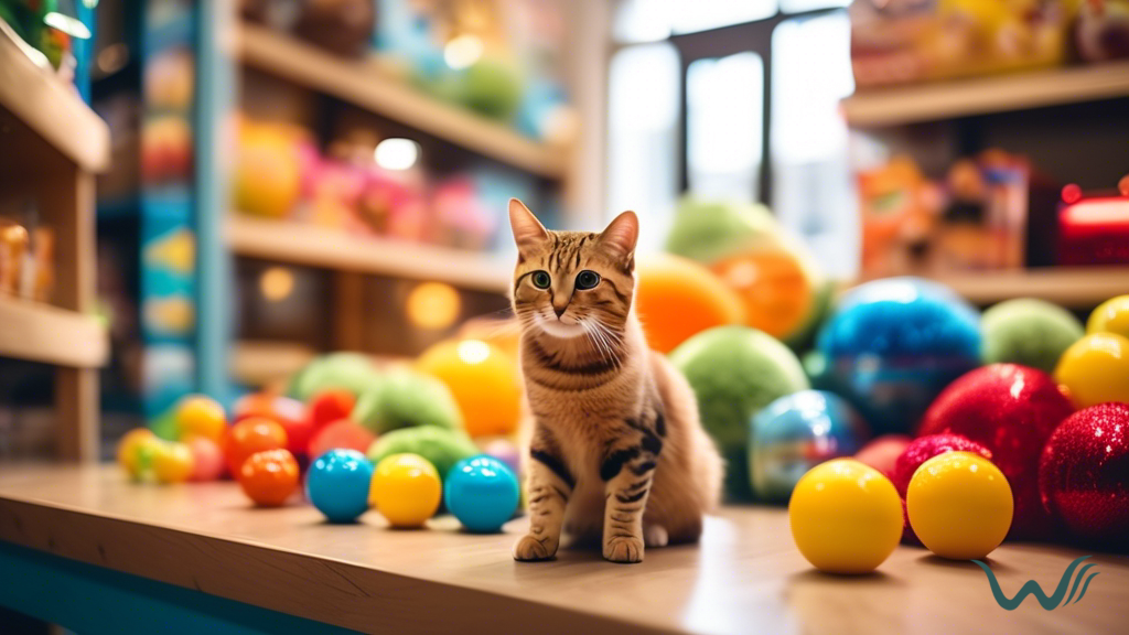 Vibrant and pet-friendly pet supply store filled with colorful toys, cozy beds, and nutritious food options, all bathed in bright natural light streaming in through large windows
